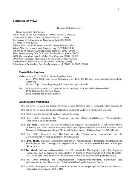 CURRICULUM VITAE Thomas Schirrmacher Siehe ... - Ethikinstitut