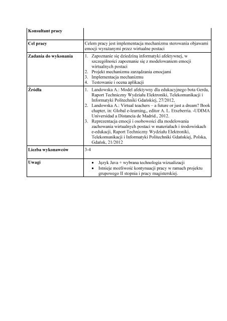 Tematy prac dyplomowych inżynierskich 2013 - Wydział Elektroniki ...