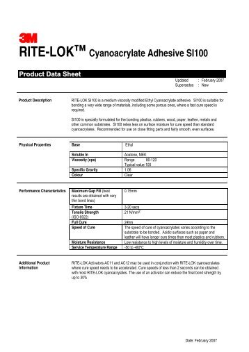 RITE-LOK™ Cyanoacrylate Adhesive SI100 Product Data ... - Etilux