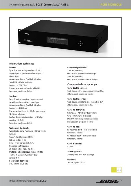 Système de gestion audio BOSE® ControlSpace™ AMS-8 ... - Etilux
