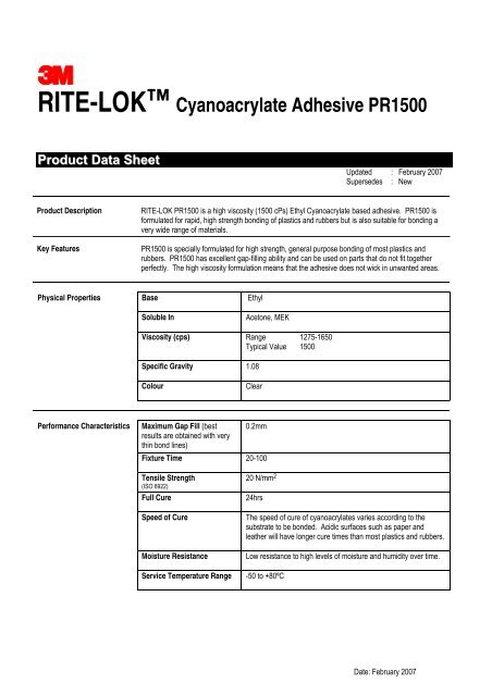 RITE-LOK™ Cyanoacrylate Adhesive PR1500 Product Data ... - Etilux