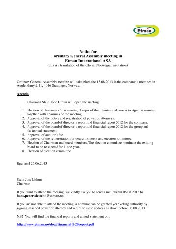 Notice for ordinary General Assembly meeting in Etman ...