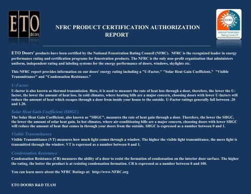 NFRC Product Certification Authorization Report - ETO Doors