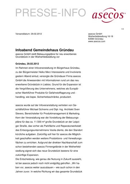 Infoabend Gemeindehaus Gründau - Asecos Gmbh