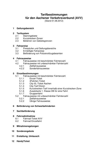 Tarifbestimmungen für den Aachener Verkehrsverbund (AVV)