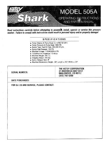 Hotsy 505 Shark Manual - ETS Company Pressure Washers and More