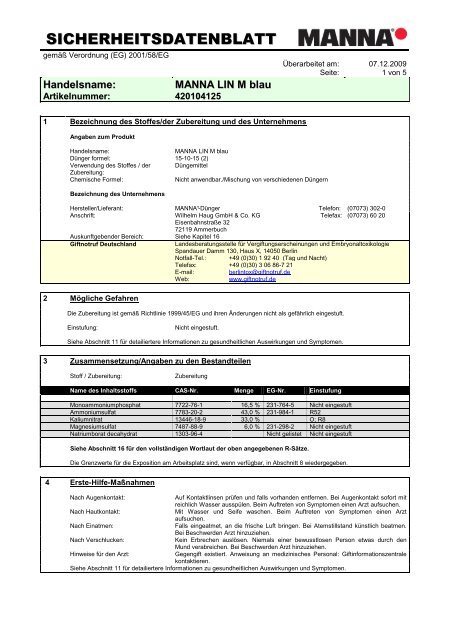 Sicherheitsdatenblatt MANNA LIN M - Raiffeisen