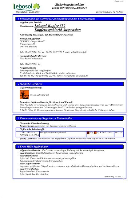 · Handelsname: Lebosol-Kupfer 350 Kupferoxychlorid ... - Raiffeisen