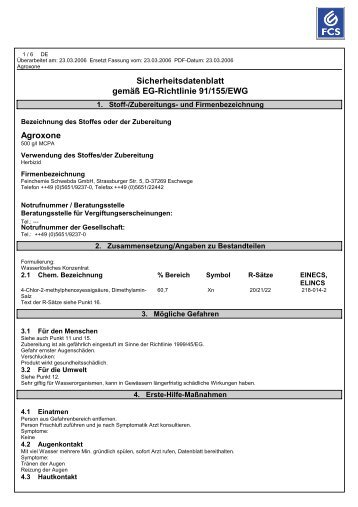 Sicherheitsdatenblatt gemäß EG-Richtlinie 91/155/EWG Agroxone