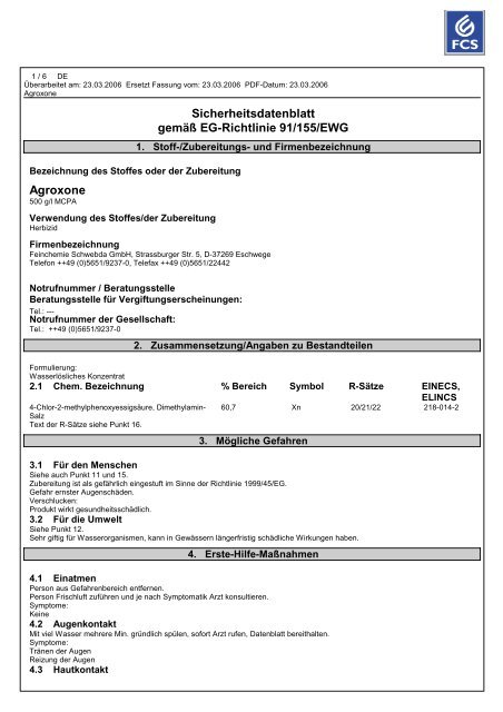 Sicherheitsdatenblatt gemäß EG-Richtlinie 91/155/EWG Agroxone