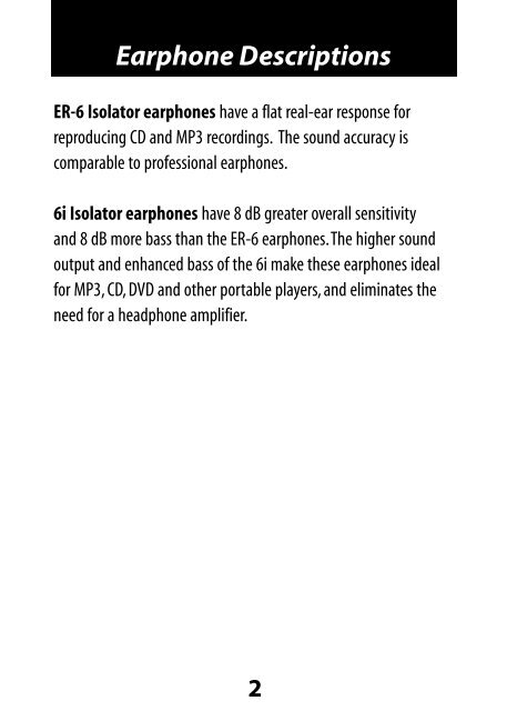 ER-6 ER-6i Isolator Earphones User Manual - Etymotic Research