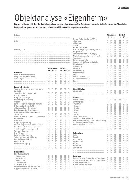 Objektanalyse «Eigenheim» - Etzel Verlag