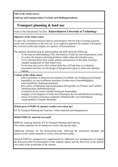 Course Details (pdf) - PORTAL - Promotion of results in Transport ...