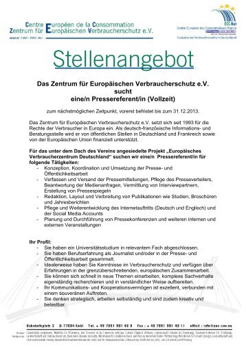 Das Zentrum für Europäischen Verbraucherschutz e.V. sucht eine/n ...