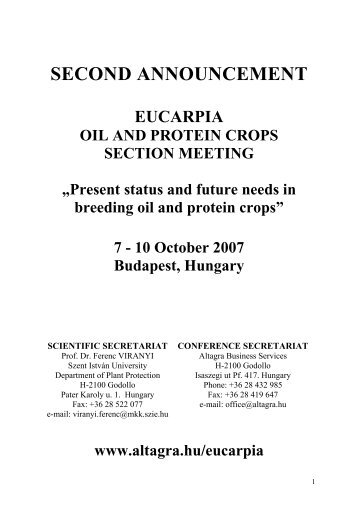 second announcement eucarpia oil and protein crops section meeting