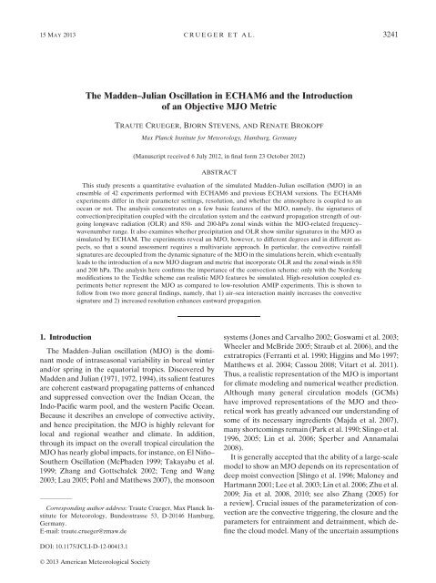 The Madden–Julian Oscillation in ECHAM6 and the ... - euclipse