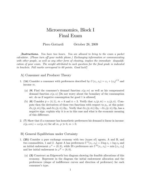 Microeconomics, Block I Final Exam