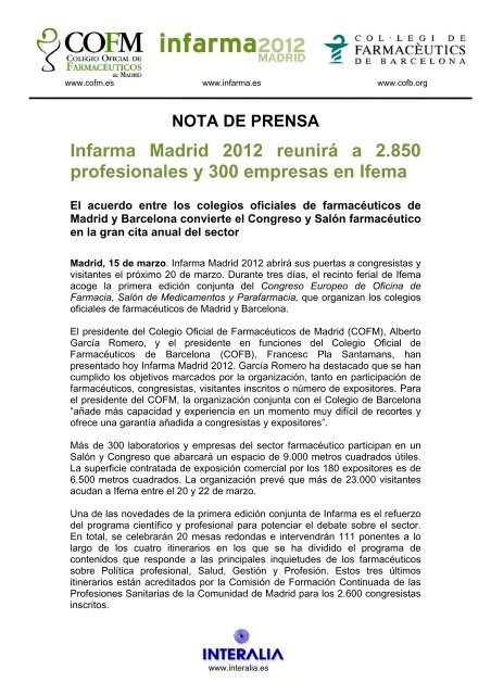 Infarma Madrid 2012 reunirá a 2.850 profesionales y 300 empresas ...