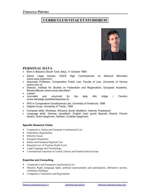 CURRICULUM VITAE ET STUDIORUM PERSONAL DATA - EURAC