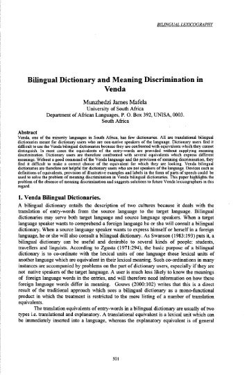 Bilingual Dictionary and Meaning Discrimination in Venda - Euralex