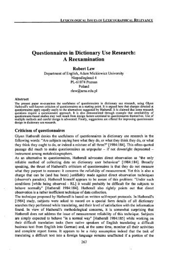 Questionnaires in Dictionary Use Research: A ... - Euralex