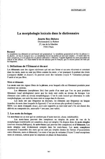 La morphologie lexicale dans le dictionnaire - Euralex