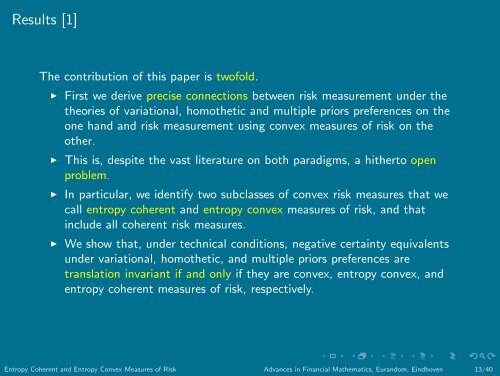 Entropy Coherent and Entropy Convex Measures of Risk - Eurandom