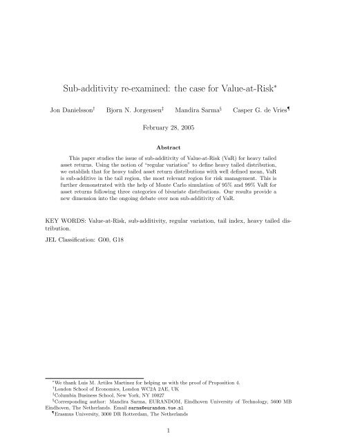 Sub-additivity re-examined: the case for Value-at-Risk - Eurandom