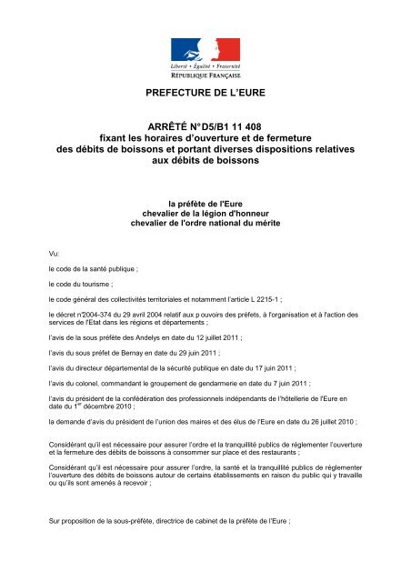arrêté préfectoral débits de boissons 14-10-2011 - Préfecture de l'Eure