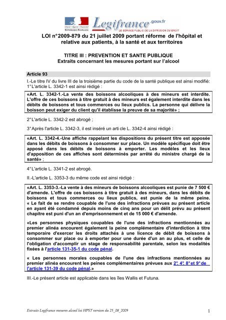 Extraits concernant les mesures portant sur l'alcool