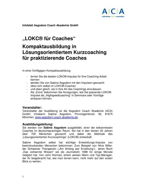 „LOKC® für Coaches“ Kompaktausbildung in ... - Sabine Asgodom