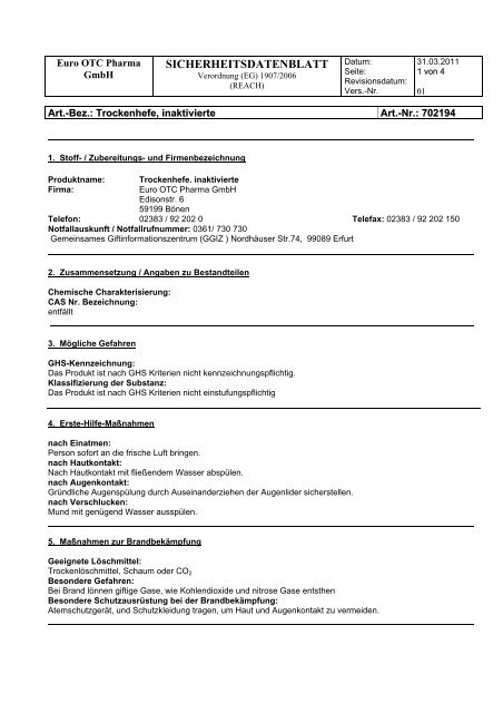 SICHERHEITSDATENBLATT - Euro OTC Pharma