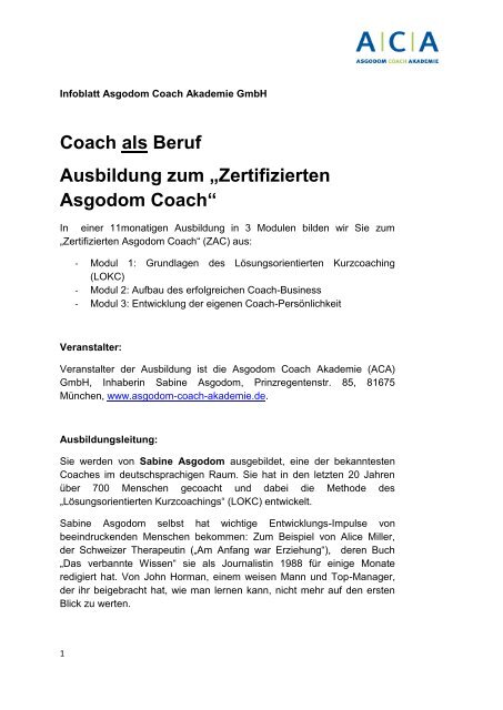 Coach als Beruf Ausbildung zum âZertifizierten ... - Sabine Asgodom