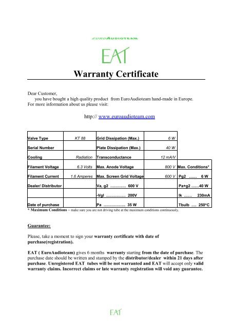 Warranty Certificate - EuroAudioTeam.com