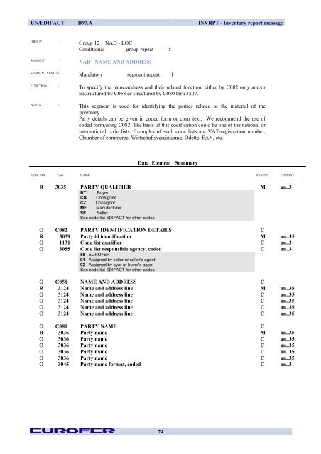 INVRPT Inventory Report Message - Eurofer