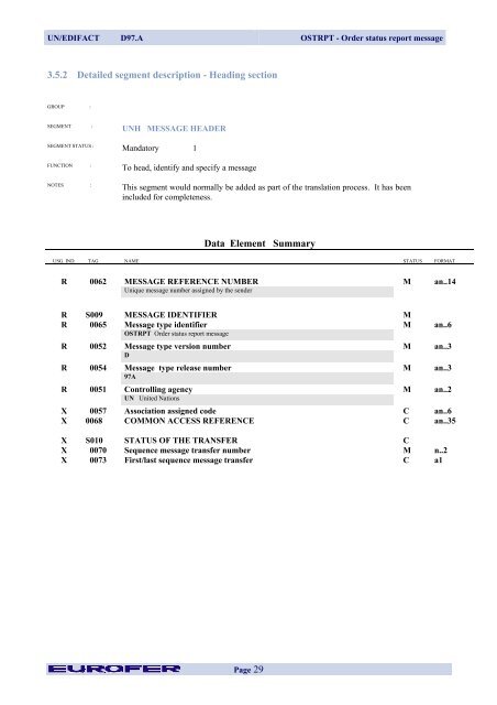 OSTRPT Order Status Report Message - Eurofer