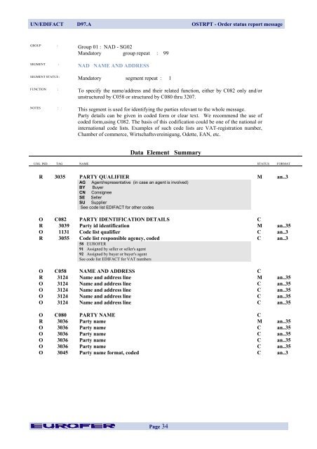 OSTRPT Order Status Report Message - Eurofer