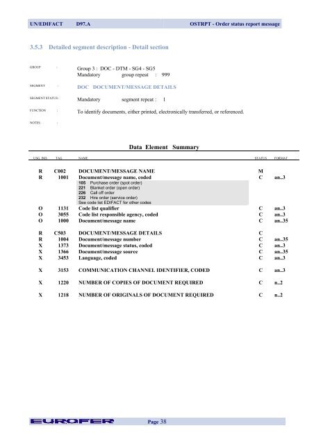 OSTRPT Order Status Report Message - Eurofer