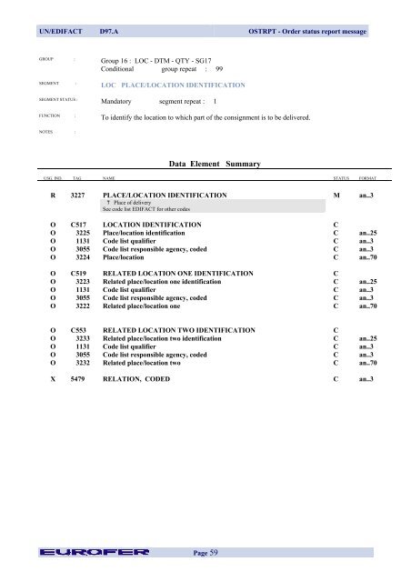 OSTRPT Order Status Report Message - Eurofer