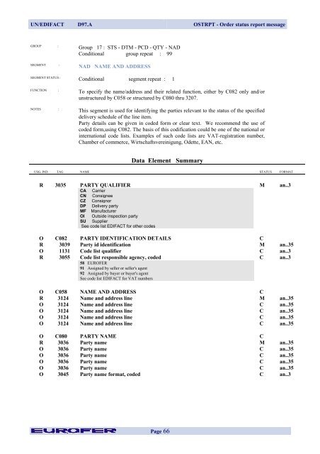 OSTRPT Order Status Report Message - Eurofer