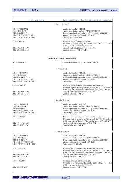 OSTRPT Order Status Report Message - Eurofer