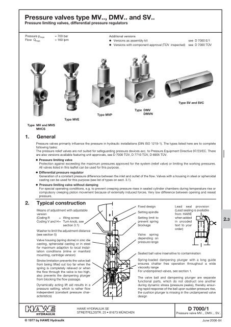 Pressure valves type MV.., DMV.. and SV.. - EUROFLUID