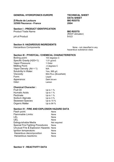 Bio Roots Msds General Hydroponics Europe