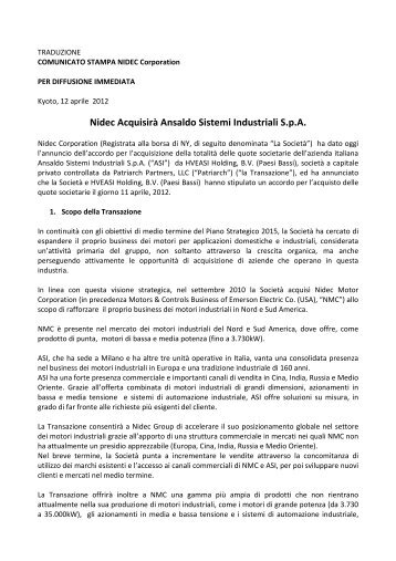 Nidec Acquisirà Ansaldo Sistemi Industriali S.p.a.