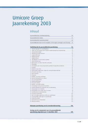 Umicore Groep Jaarrekening 2003 - Euroland