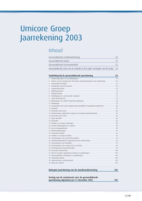 Umicore Groep Jaarrekening 2003 - Euroland