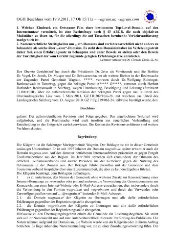 OGH Beschluss vom 19.9.2011, 17 Ob 15/11x ... - Eurolawyer.at