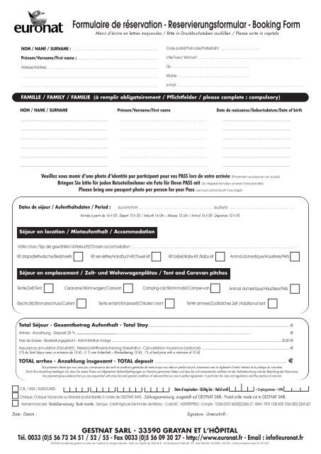 Formulaire de réservation de votre séjour - Euronat