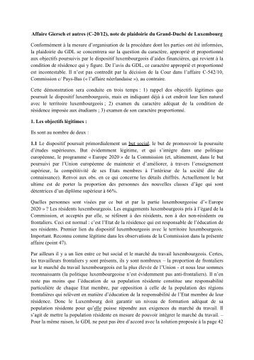 Affaire Giersch et autres (C-20/12), note de plaidoirie du Grand ...