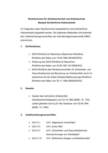 Rechtsnormen für Arbeitssicherheit und Arbeitsschutz Beispiel ...